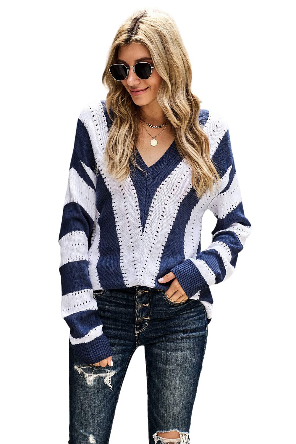 Womens Color Block Striped Sweater V Neck Knitted Sweaters Long Sleeve Casual Loose Hollow Pullover Jumper Tops