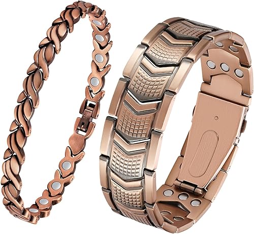 Feraco Pulsera de cobre para hombre 3 veces más fuerza, 2 pulseras de terapia magnética de cobre con potentes imanes de 3800 Gauss, cierre plegable