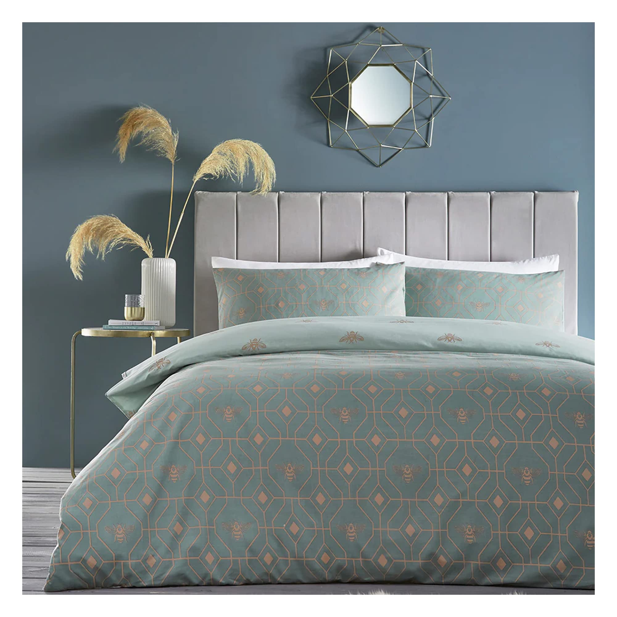 furn. Bee Deco Duvet Cover Set - Honeycomb Geometric Bumble Bee Reversible Bedding (Eau De Nil - King)