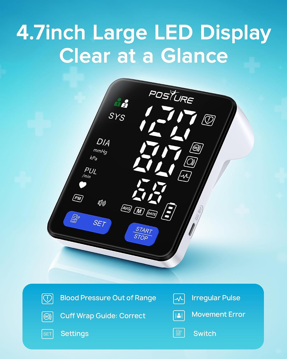 Posture Upper Arm Blood Pressure Monitor for Home Use, Wide Range Cuff 8.6"–16.5", Large 5.0'' 3-Color LED Display, FSA&HSA Eligible, with 2x99 Reading Memory