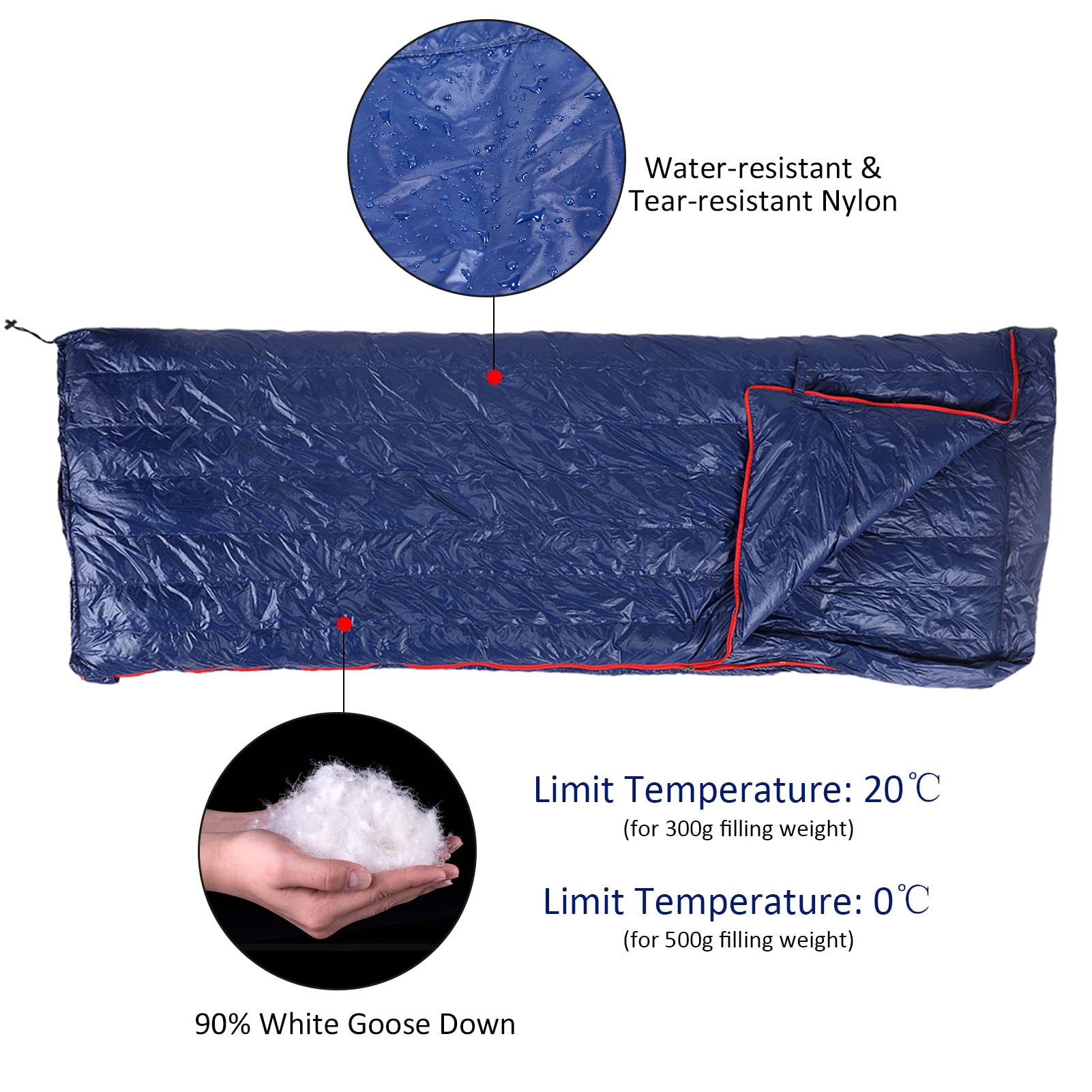 Saco de dormir ultraligero de plumón de ganso 90 con almacenamiento para senderismo, camping, mochileros, montañismo, ligero, cálido, clima frío