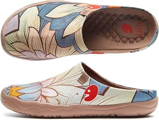 UIN Women's Slipper Fashion Canvas Comfort Travel Art Painted Shoes Wide Toe Casual Household Slip On Mules Nelumbo (6.5)
