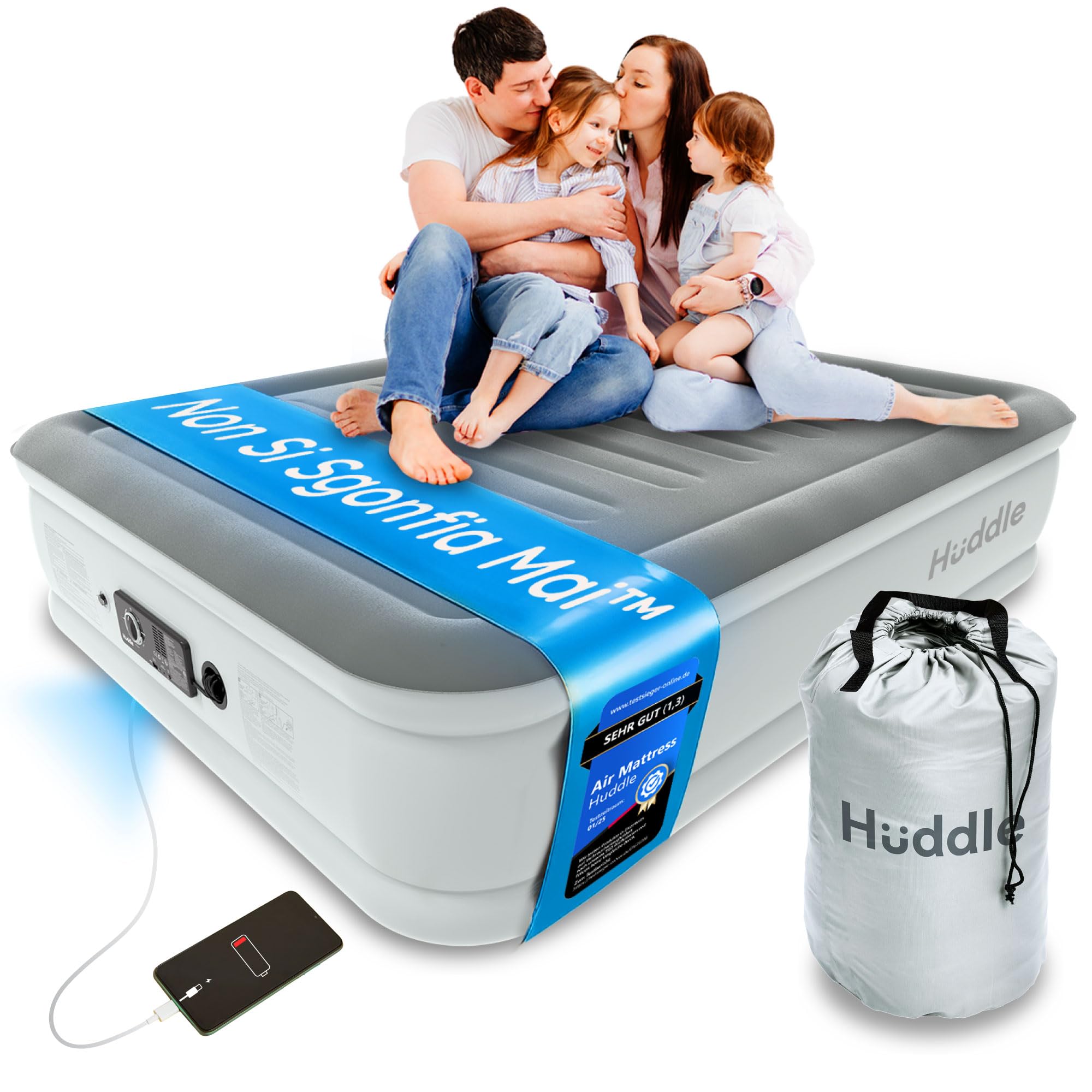 Huddle® NEVER DEFLATE™, lussuoso letto King Size ad aria che non si sgonfia, vincitore Good Housekeeping 2025, con doppia pompa SlumberGuard™, rigidità regolabile e luce notturna USB