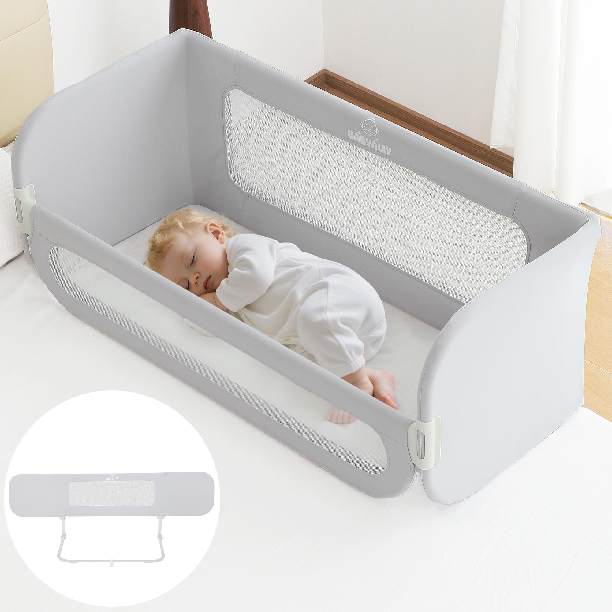 2 en 1 Barrera de Cama Abatible 185cm, Cuna Colecho con Bolsa de Transporte Viaje para Viajar o Vacaciones - Sin instalación, Fácil de Transportar - Gris