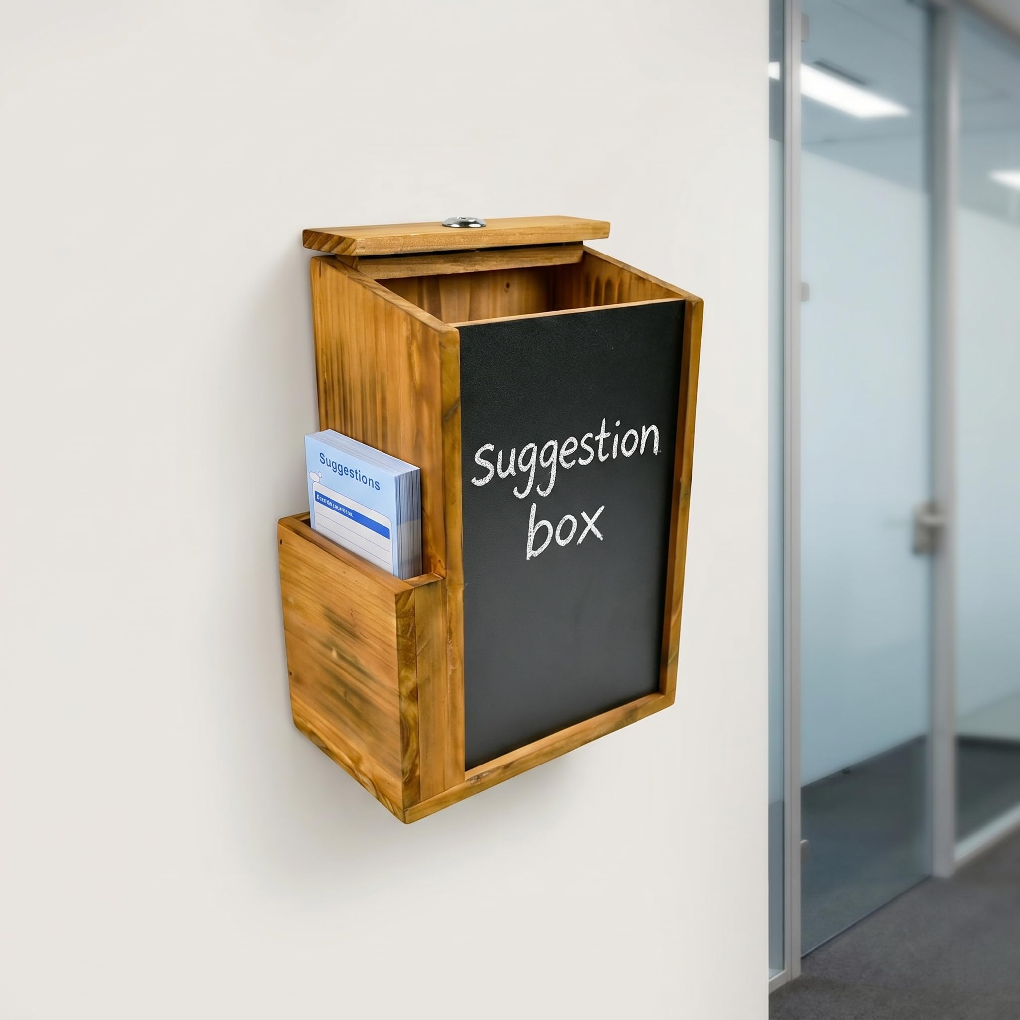 Buzón de Sugerencias de Madera con Cerradura y Pizarra, Caja Sugerencias con Llave y 50 Tarjetas, Caja de Donaciones Vintage para Iglesia u Oficina para Montaje en Pared o Sobremesa Rústico