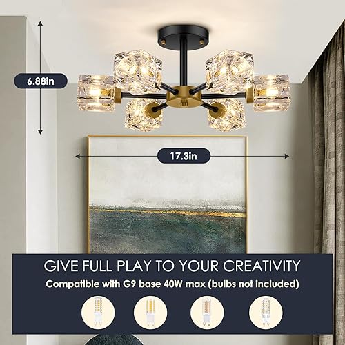 Miniatura 5 de Candelabro negro moderno, lámpara de techo semiempotrada de cristal de 6 luces, lámpara colgante de cocina de granja de 17.3 pulgadas con pantalla