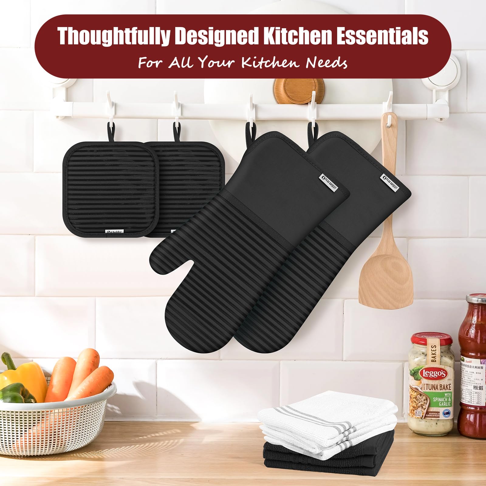Set di guanti da forno e presine con impugnatura in silicone, resistenti al calore fino a 260 °C, confezione da 6 strofinacci/strofinacci per cucina, 100% cotone, essenziali per cucinare, cuocere al