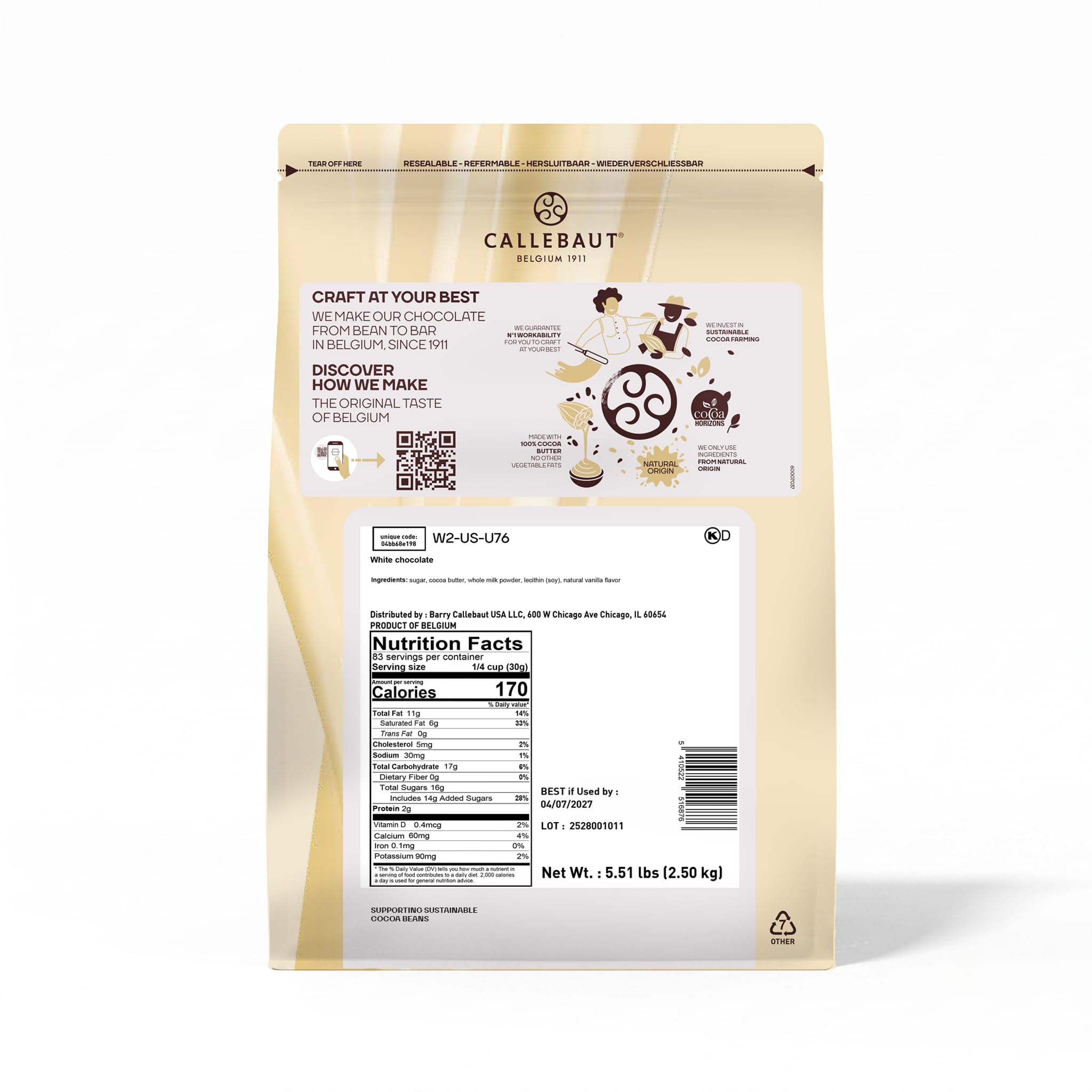 Callebaut Recipe No. W2 Finest Belgian White Chocolate 2.5kg Bag | 28% min dry cocoa solids; 22% min dry milk solids; 35.8% fat; mild milky - light caramel - sweet - vanilla product thumbnail 3