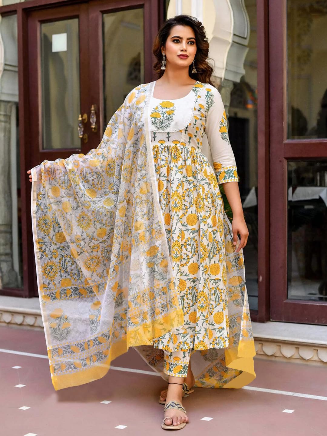 Pinkmint Women Flower Printed Anarkali Kurta & Pat Set With Dupatta