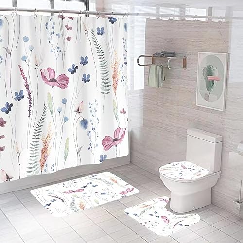 Juego de 4 cortinas de ducha de baño, cortina de baño de tela impermeable con 12 ganchos, cubierta para tapa de inodoro y tapete de baño, tapete