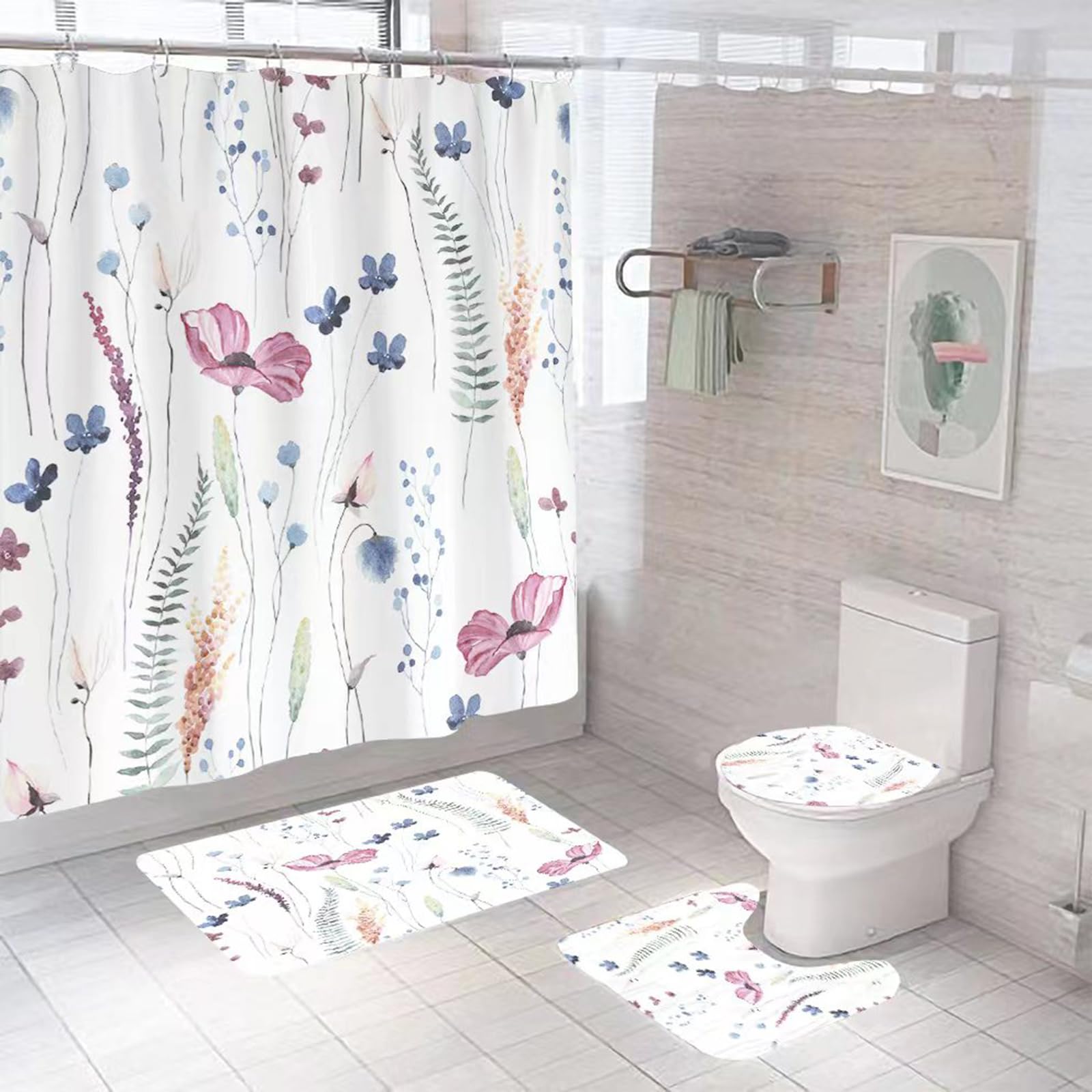 MIEPOS Vintage Floral 4-Piece Shower Curtain Set - Waterproof Polyester With Bath Mat & Lid Cover