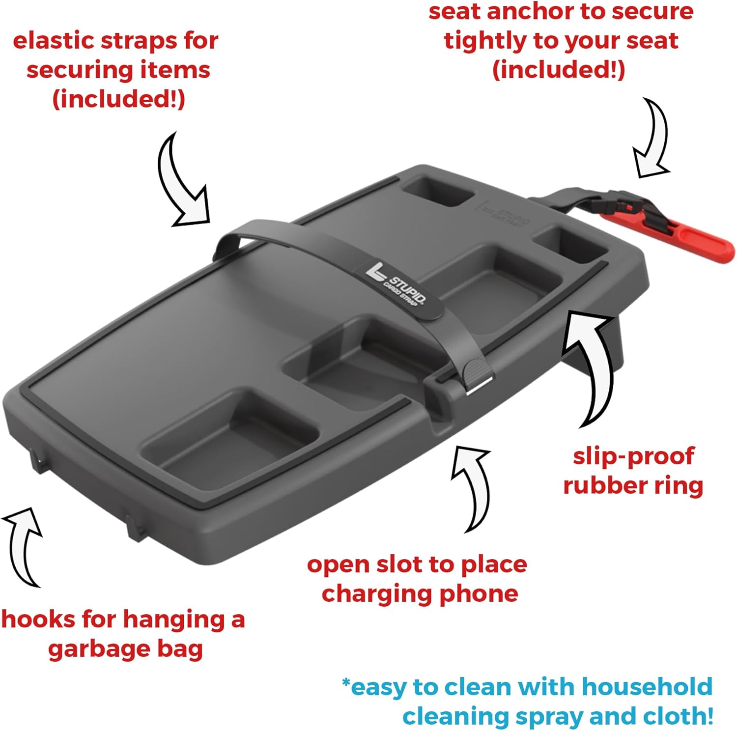 STUPID Car Tray - Classic Car Tray - Ultimate Car Organizer & Mobile Office - Includes 2 Elastic Straps - Quick-Release Seat Anchor - Dark Moon