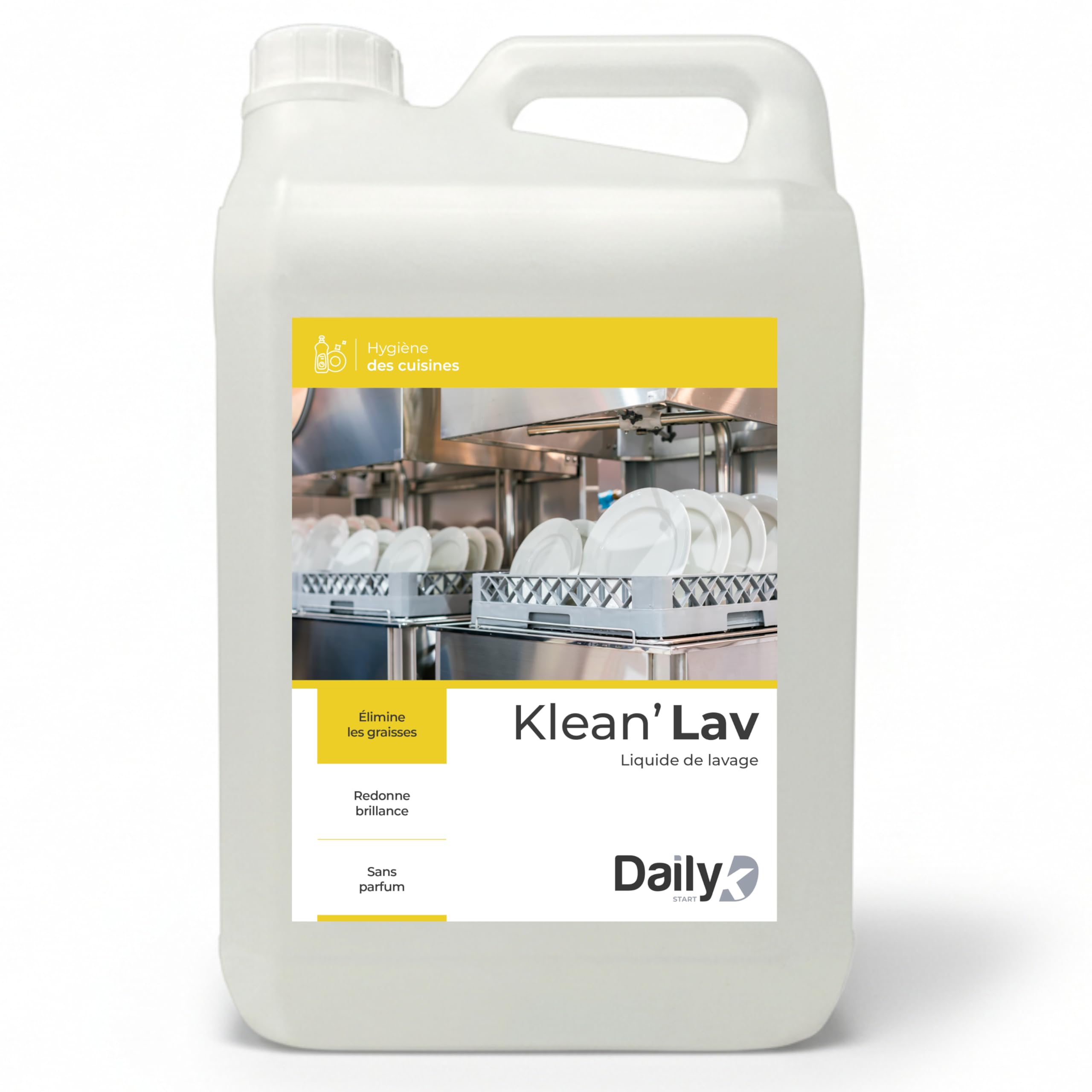 Liquide Lave-Vaisselle 5L - Nettoyant Vaisselle KLEAN’LAV en Bidon pour Doseur Automatique - Élimine Graisses, Sans Parfum - Grand Format Économique pour Usage Intensif - Made in France