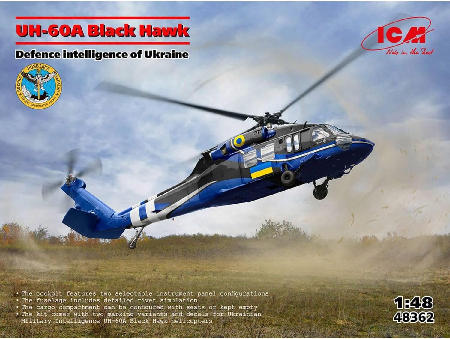 ICM 1/48 Ukrainian Ministry of Defense Intelligence Directorate UH-60A Blackhawk Plastic Model 48362 (Helicopter)
