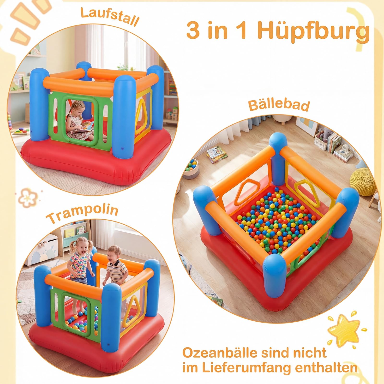 COSTWAY Hüpfburg, Bouncy Castle mit 4 Türen für Kinder, 160 x 160 x 125 cm (Rot + Blau)