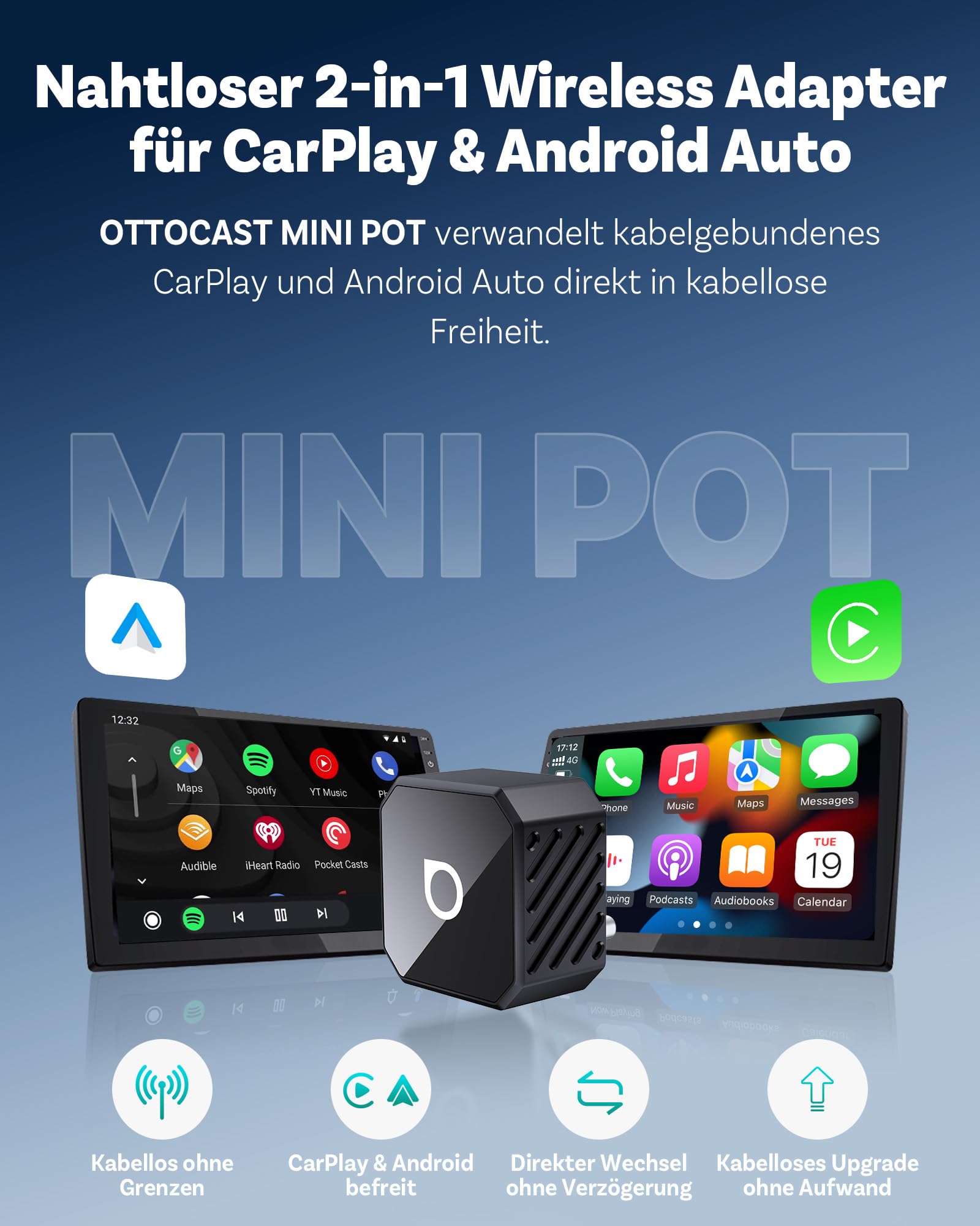 2026 Upgrade Ottocast Mini Pot, Wireless CarPlay & Android Auto Adapter, Plug & Play, WLAN 2.4G+5G, Automatische Verbindung, Kompatibel mit Autos ab 2016 mit kabelgebundenem CarPlay/AA (Schwarz)