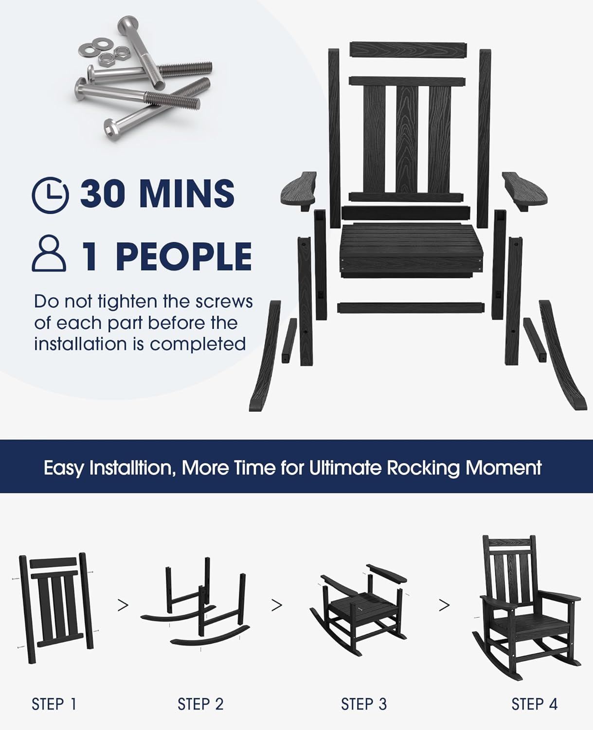 KINGYES Oversized Outdoor Rocking Chair Set of 2, All-Weather Patio Rocking Chairs for Porch, HDPE Outdoor Patio Rockers with High Back & Wide Seat for Garden, Lawn, Black