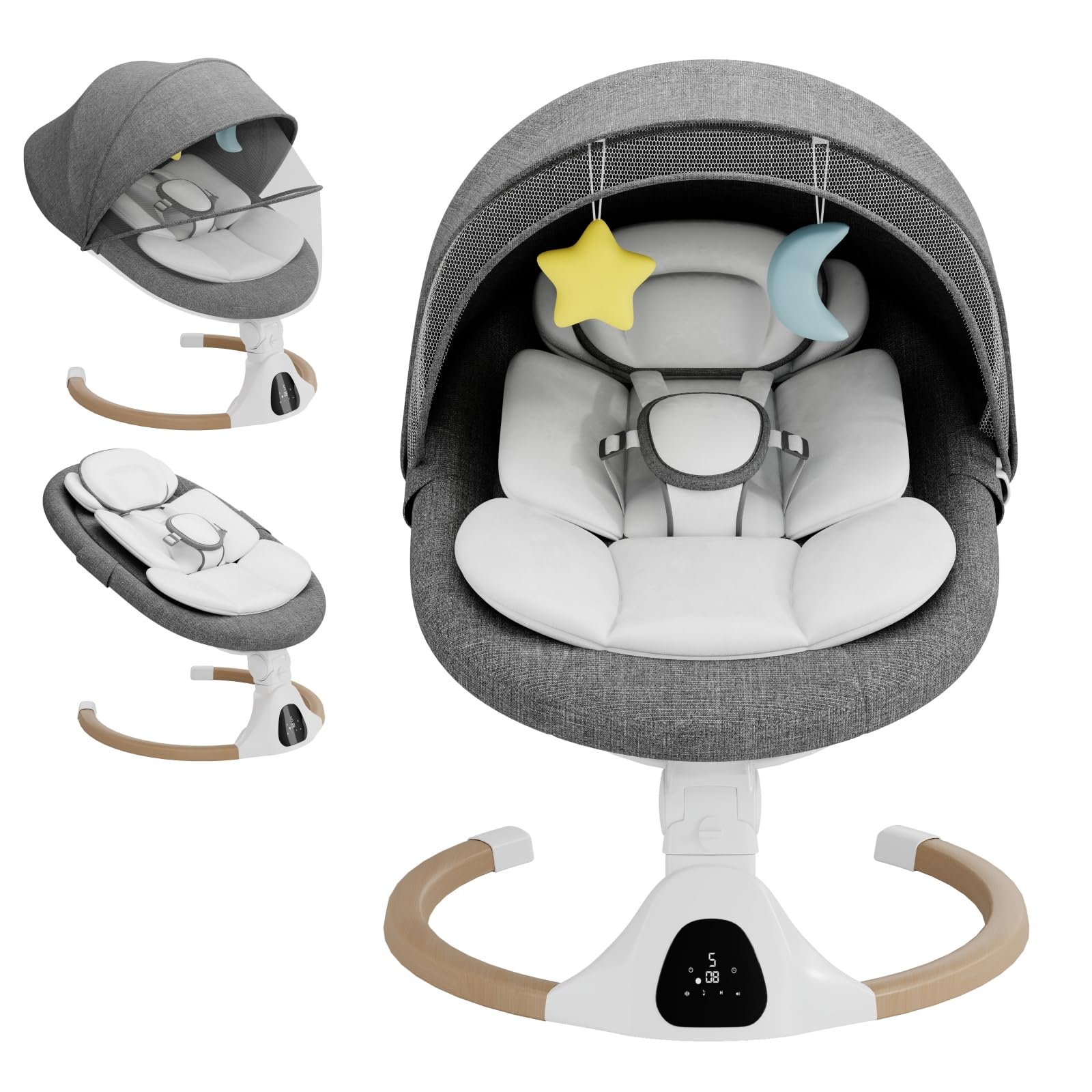 Babywippe Elektrisch, 0–6 Monate, max. 9 kg, Tragbares Neugeborenes Babyschaukel Indoor mit Bluetooth, 5 Schwenkgeschwindigkeiten, 3 Winkellage, Fernbedienung & Touch Panel Grau
