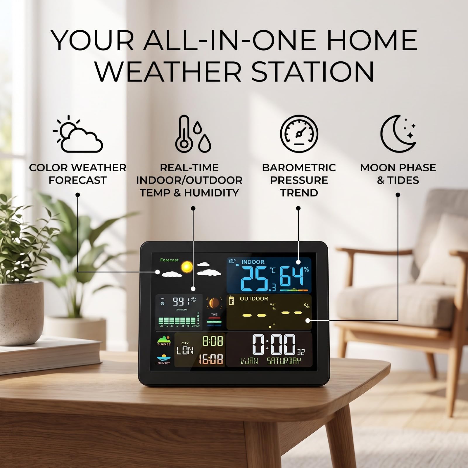 Sxhlseller Wetterstation mit Funk Außensensor, Innen Außenthermometer Hygrometer, Luftdruck Mondphase Gezeitendaten Dual Alarm 12 24 Std for Zuhause Büro