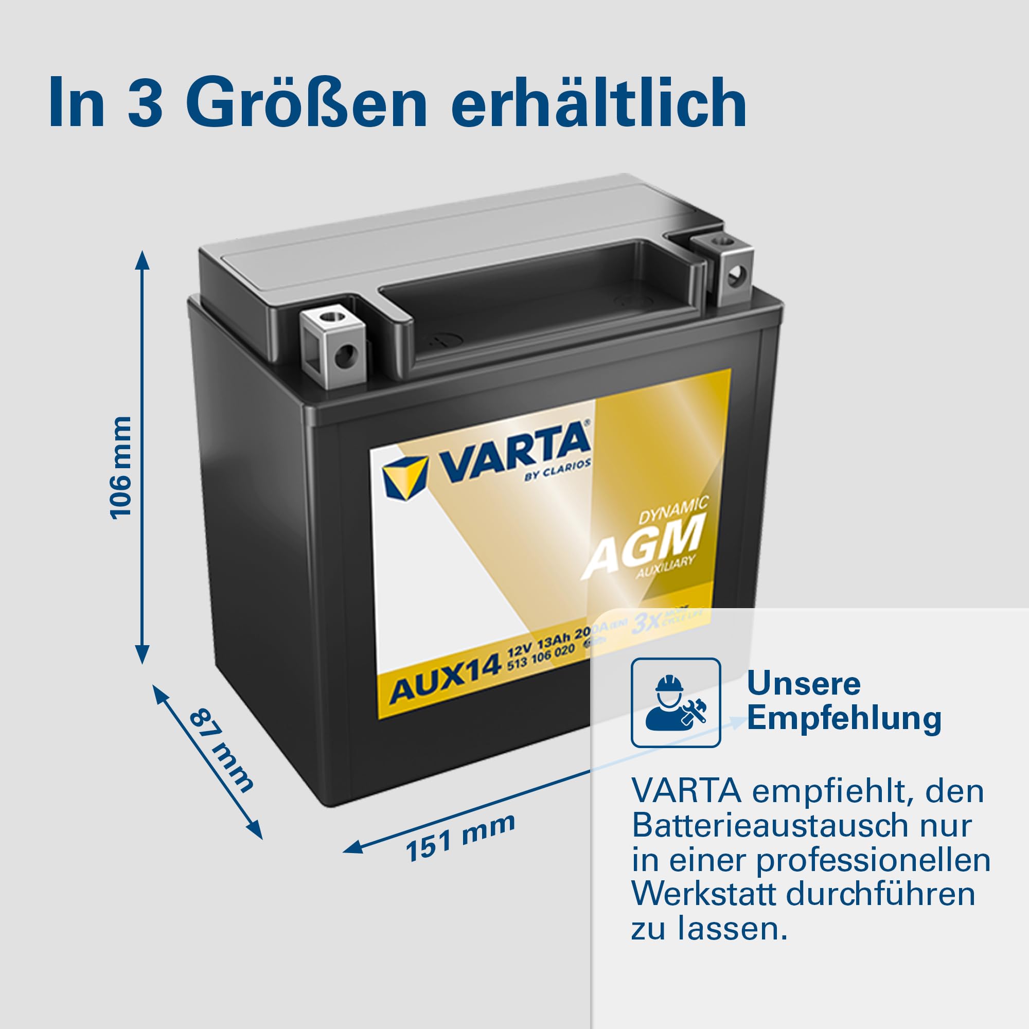 VARTA Automotive DYNAMIC AGM Auxiliary (AUX14) 12V 13Ah 200A - Stützbatterie Nassbatterie für KFZ - Zusätzliche Starterbatterie für Autos mit hohem Energiebedarf - Wartungsfreie Bleisäurebatterie