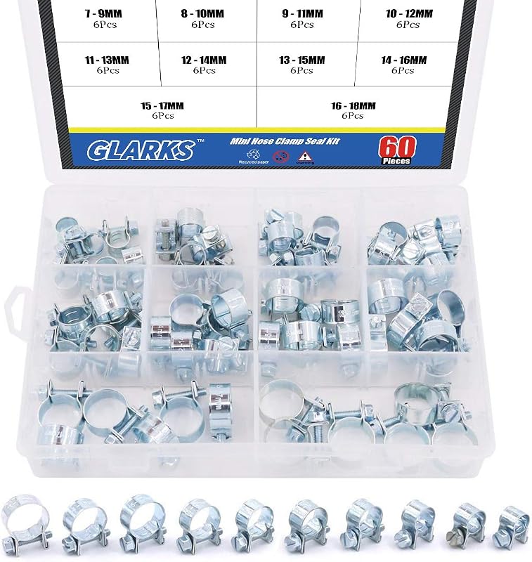 Kit de Abraçadeiras Mini para Mangueira de Combustível Glarks com 10 Medidas – 60 unidades
