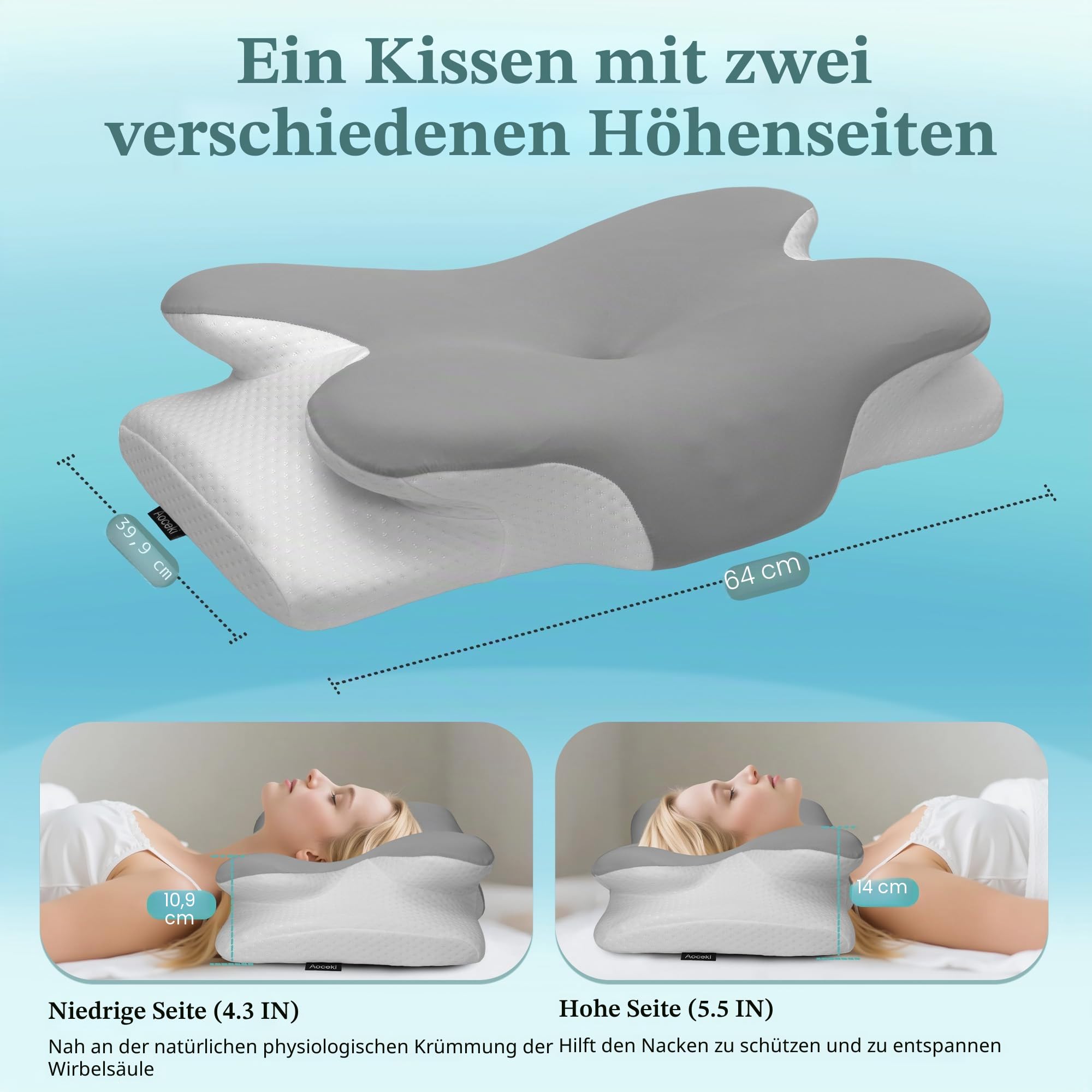 Nackenkissen Memory Foam Kissen,Ergonomisches Kopfkissen,Seitenschläferkissen,für Seiten,Rücken & Bauchschläfer(Hellgrau)