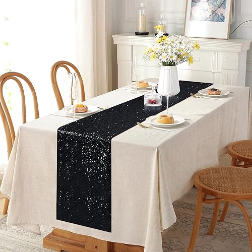 Miniatura 6 de Camino de mesa de lentejuelas negras, paquete de 4, 12 x 72 pulgadas, camino de mesa con purpurina para fiestas, bodas, Halloween, banquetes, gótico