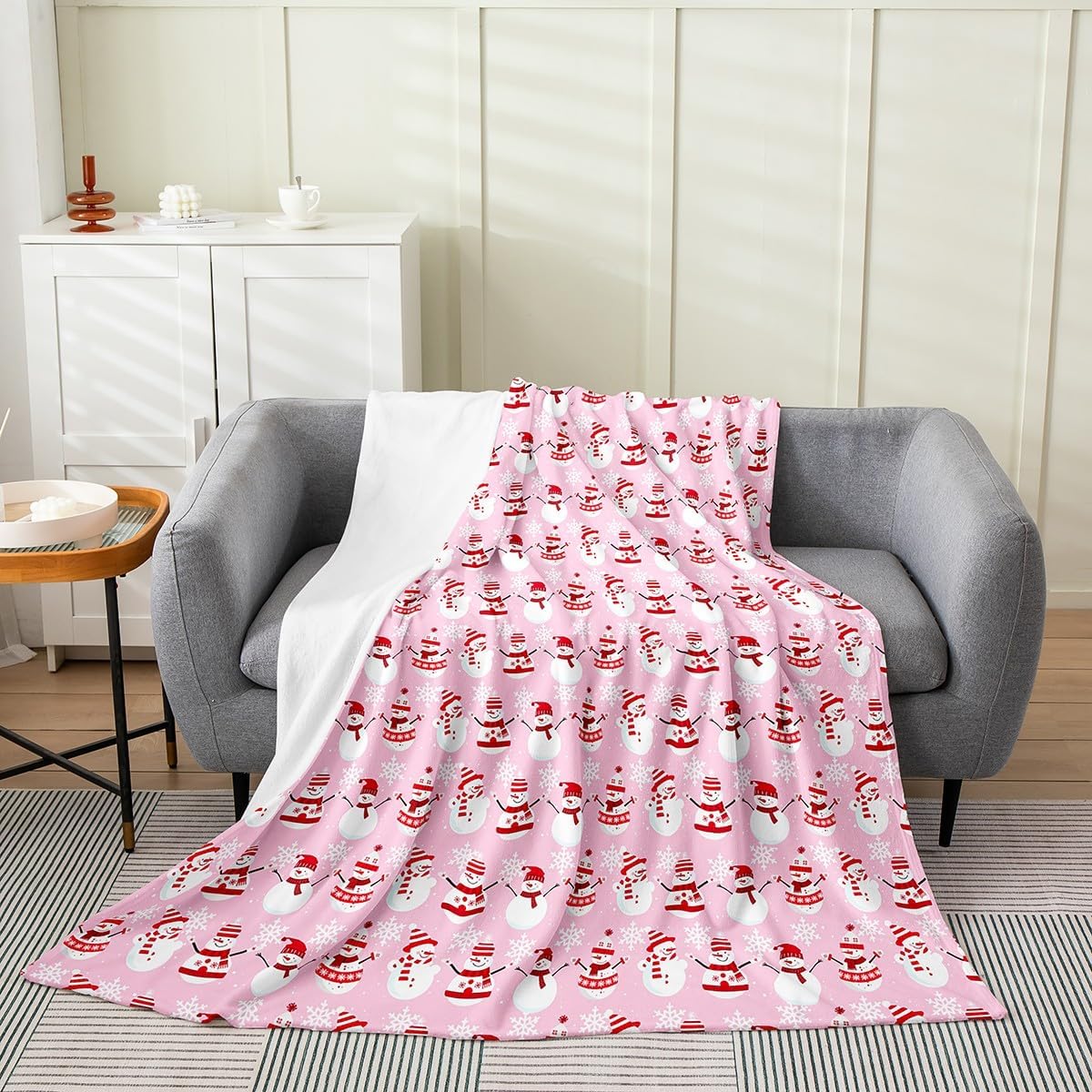 Feelyou Christmas Kids Plush Throw Blanket Cartoon Snowman Bedding All Season Bed Blanket Set for Sofa Couch Christmas Tree Decor Flannel Fleece Blanket Set Pink Dots Xmas Theme Bedroom Twin 60"x80"