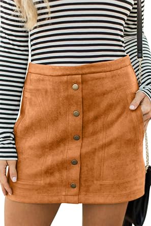 Meyeeka Womens Button Front Faux Suede High Waist A-line Mini Skirt with Pocket
