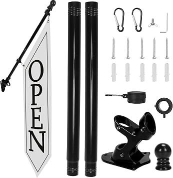 OPEN Flag with Pole Kit - Heavy Duty Canvas Open Banner for Business Storefront, 42x12 Inch Outdoor Double-Sided Sign with Bracket - Advertising Signage for Retail & Shops White
