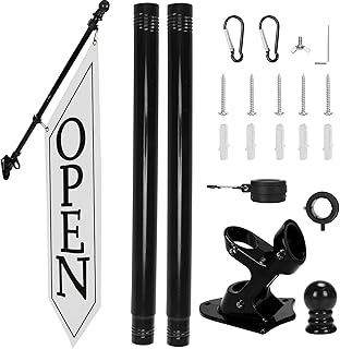 OPEN Flag with Pole Kit - Heavy Duty Canvas Open Banner for Business Storefront, 42x12 Inch Outdoor Double-Sided Sign with Bracket - Advertising Signage for Retail & Shops (White)