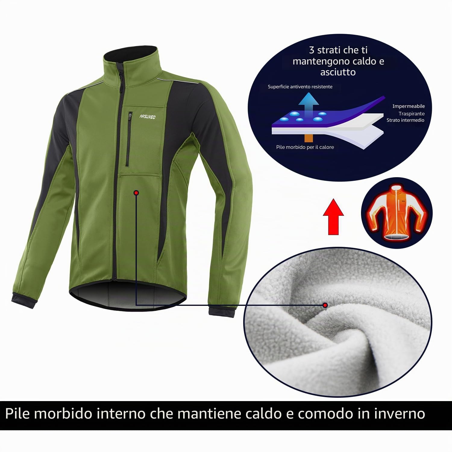 ARSUXEO Giacca Ciclismo Uomo Invernale Softshell Giubbino Mtb Giacca Antivento Bici da Corsa Giacca 15K