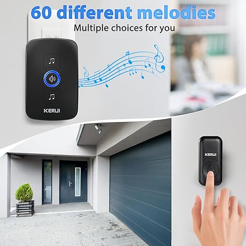 Miniatura 9 de KERUI - Timbre inalámbrico, kit de timbre de puerta impermeable que transmite a 1000 pies con 2 botones, 60 melodías, 5 niveles de volumen de sonido