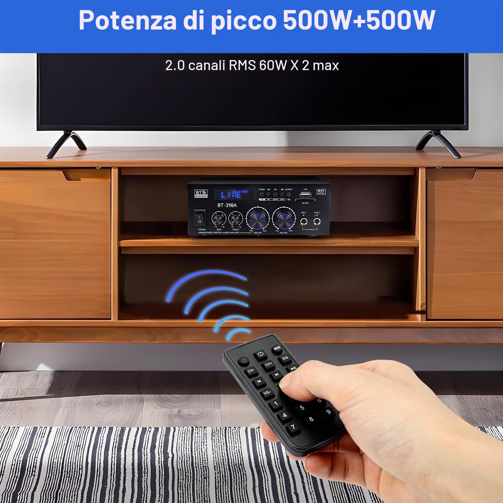 Amplificatore HI-FI Audio 1000W Picco, Bluetooth 5.3, 2 Canali (60W+60W RMS), per Altoparlanti da 10", Controlli Bassi/Alt, AUX/FM/MIC/USB – Per Home Theater e Auto (398A)