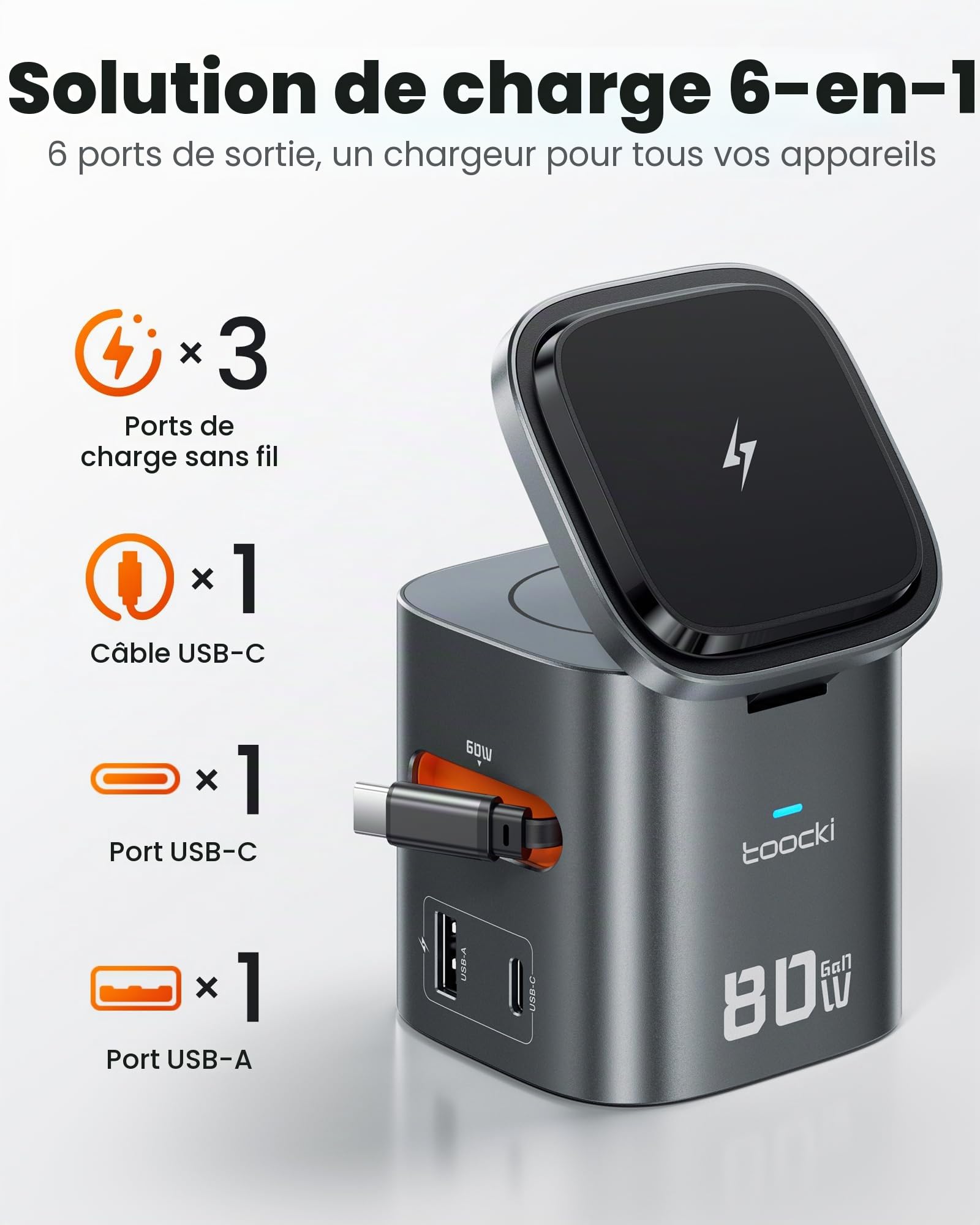 toocki Station Charge 80W GaN, 6 en 1 Chargeur avec Câble Rétractable USB-C | GaN USB-C et USB-A, PD Charge Rapide, Design Tout-en-Un Idéal Bureau/Maison/Voyage, pour iPhone 17/Galaxy S26/Watch/AirPods