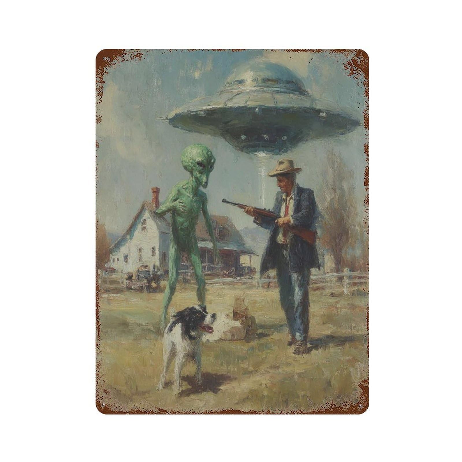 xiaoxiaoshen Alien Encounter Style UFO with Farmer And Dog Surreal Sci Wall Decor Art Metal Tin Poster Modern Home Decor Art Home Bar Shop Decorations Vintage Sign 40x30cm