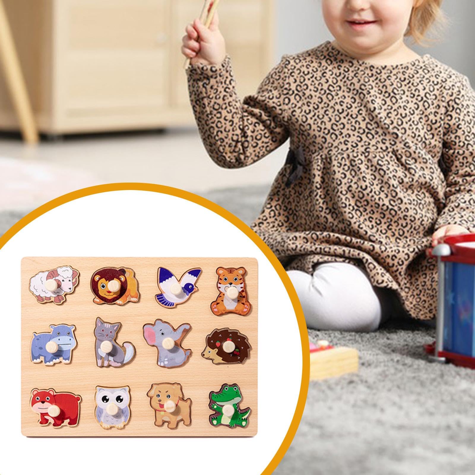 Puzzle di Apprendimento Tavola Forme in Legno Puzzle Bambini Cartone Animato Puzzle Prescolare con Peg Sviluppo Motricità Fine Adatto per Bambini Raga, Animale