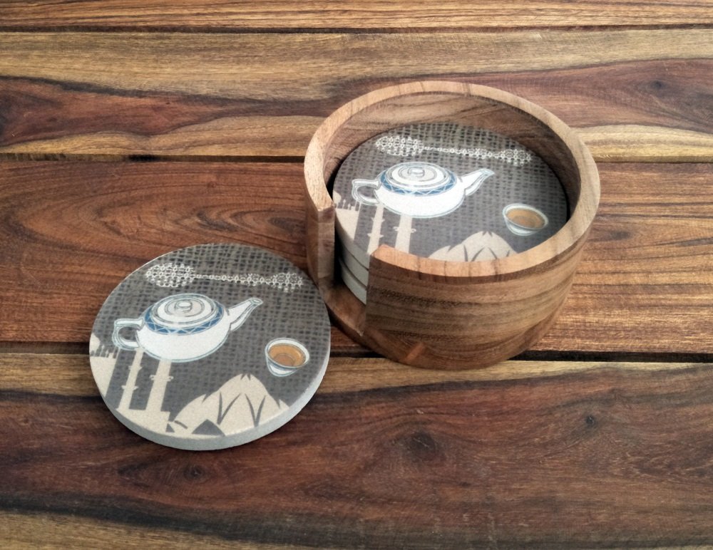 SANDSTERS Natural Sandstone Kettle Printed Absorbent Beverage Coasters Set of 4Pcs with Acacia Wood Holder