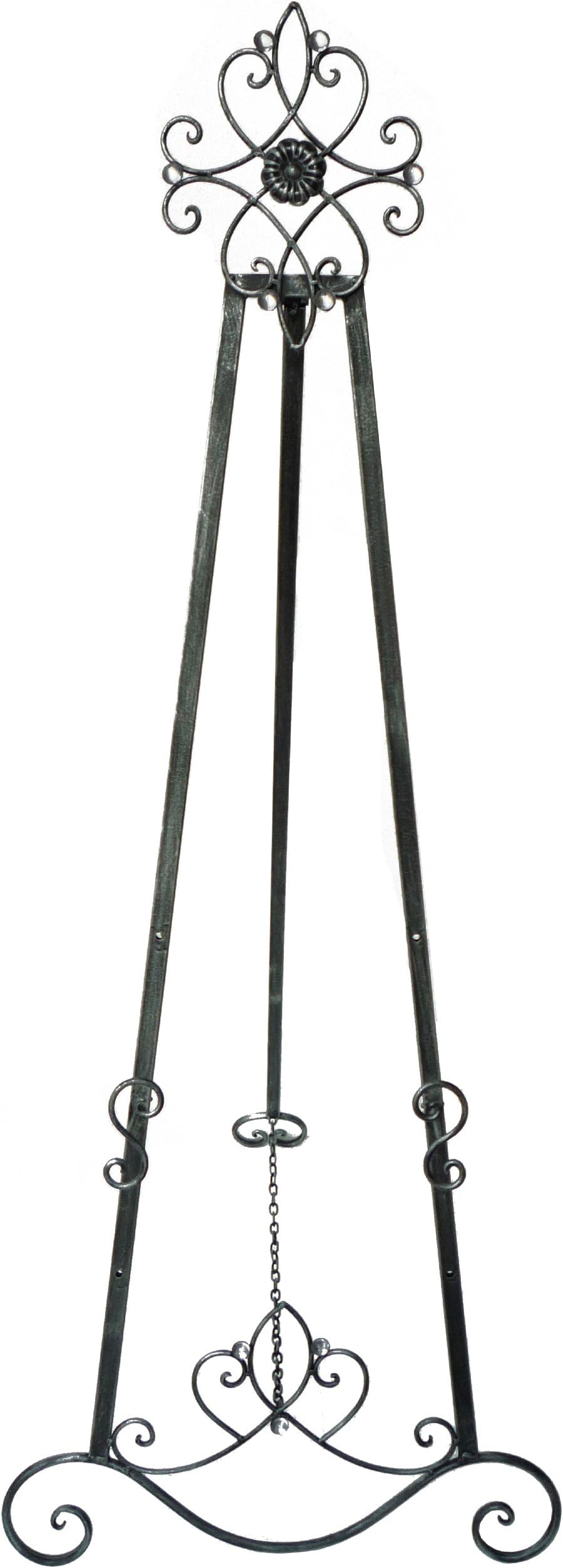 Designstyles Decorative Metal Easel Stand – Adjustable Floor Display for Art Pieces, Signs, Mirrors and Chalk/Dry Erase Boards - 61" Tall, Antique Finished Iron, Pewter – Swirl Emblem Design