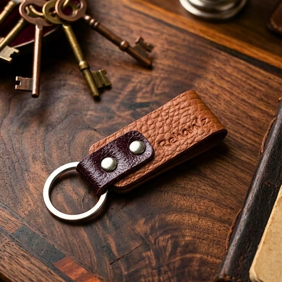 Rehan’z Genuine Leather Keychain for Men & Women | Tan Keyring with Solid Metal Ring | Durable Handcrafted Key Holder for Car Bike Home-image-25