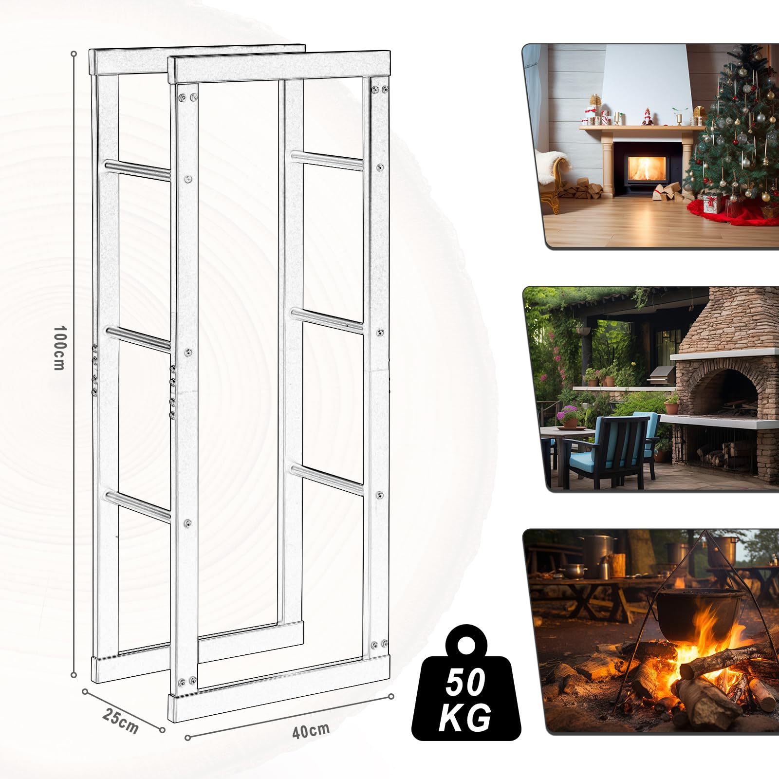 Laneetal Portalegna da Interno 40x25x100 cm Metalowy Stojak na Drewno Kominkowe Czarny