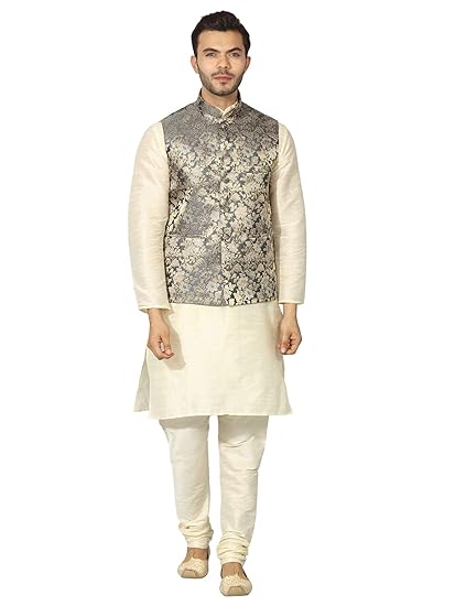 Men's Silk Blend Kurta Pyjama And Nerhu Jackets (UNM-Cream -PARENT_40_Silver)