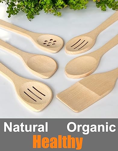 Miniatura 4 de ECOSALL Juego de 6 cucharas de madera saludables para cocinar. Utensilios de cocina seguros y confiables para cocina, cuchara de espátula de madera