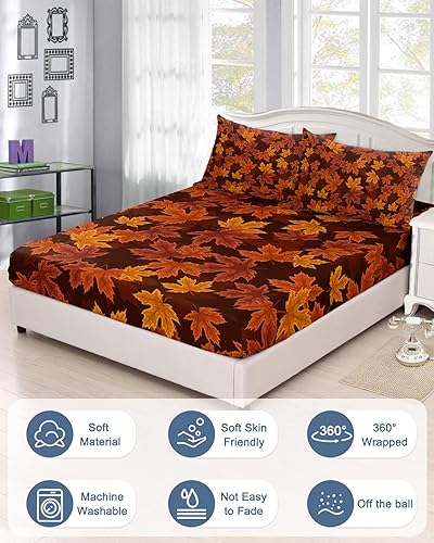 Miniatura 2 de Chucoco Juego de sábanas bajeras de hojas de arce otoñales para cama tamaño Queen, sábanas de 3 piezas, sábana de bolsillo profundo para colchones