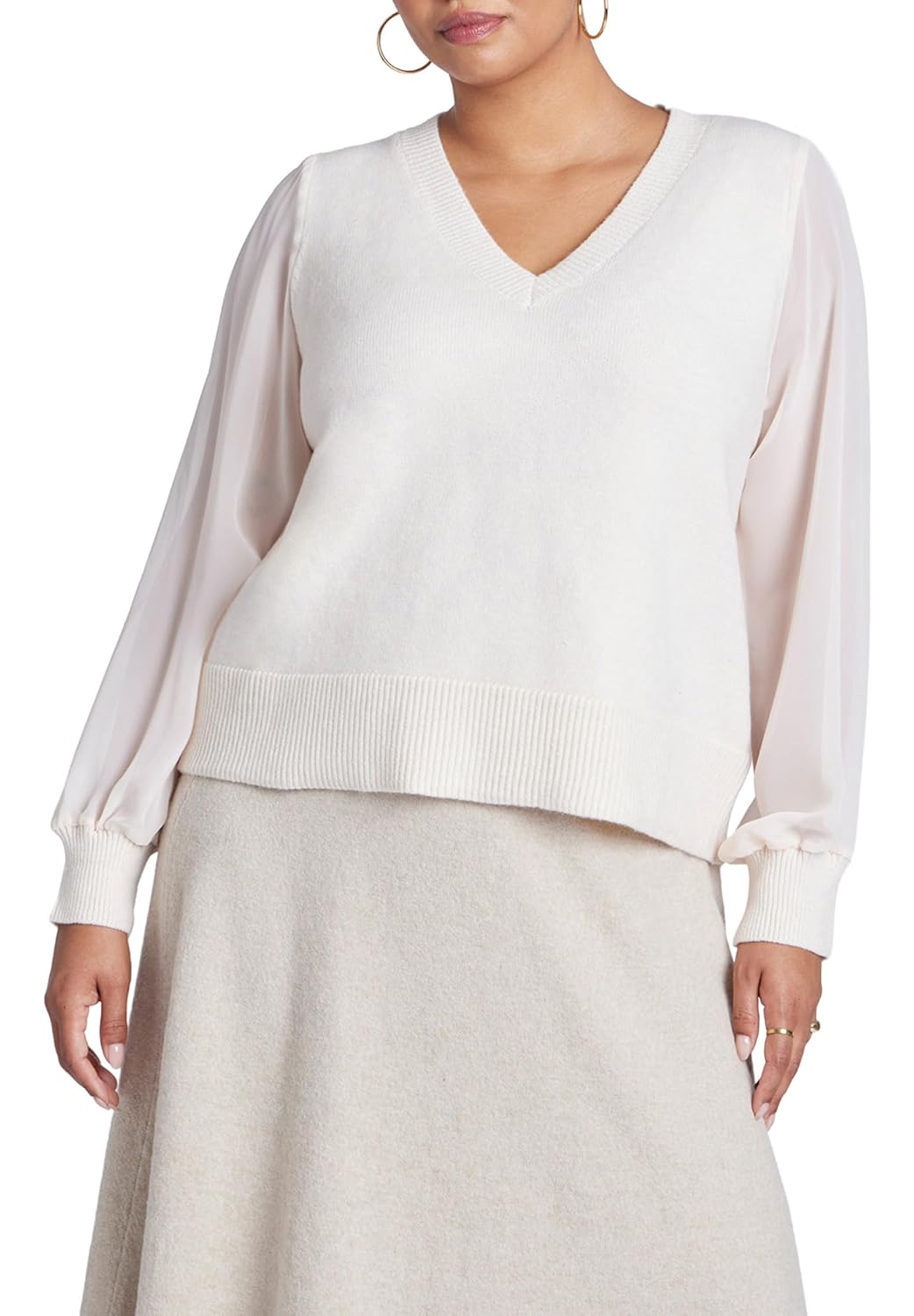 ELOQUII Womens Plus Size Sheer Sleeve V-Neck Sweater