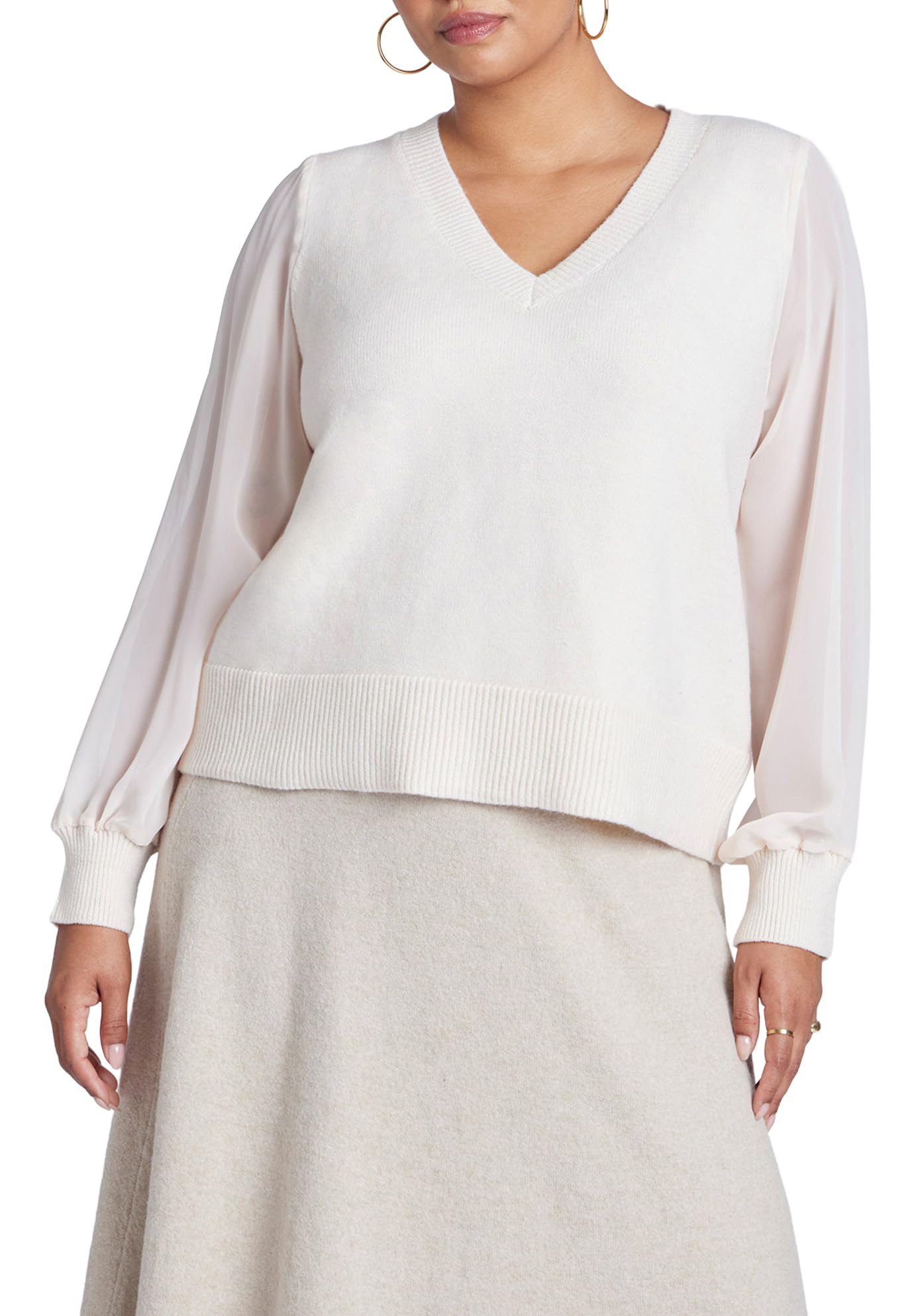 ELOQUII Womens Plus Size Sheer Sleeve V-Neck Sweater