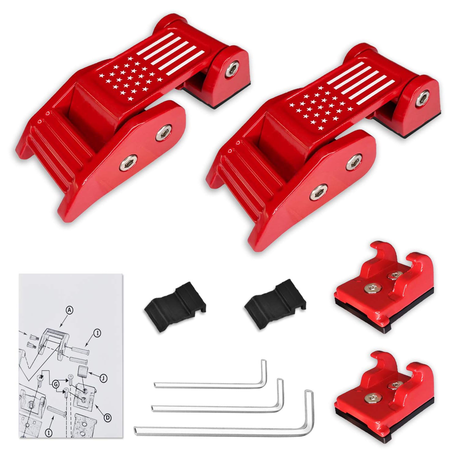 Motorhauben-Verschluss-Set aus Aluminium im US-Flaggen-Design for Jeep Wrangler JK JKU (2007-2018) und for Jeep Wrangler JL JLU (2018-2020) (Rot)