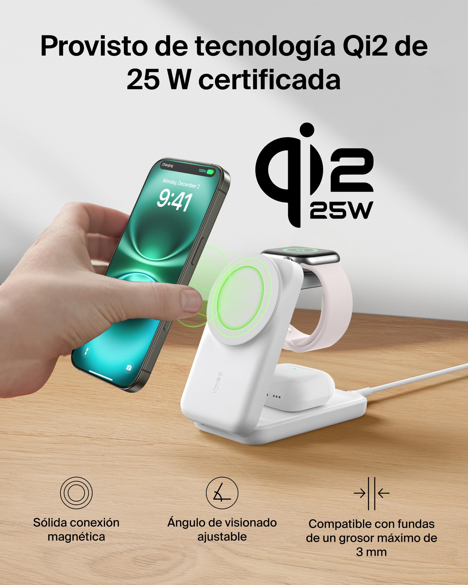 Belkin UltraCharge Cargador Inalámbrico 3 en 1 Qi2, 25W, Cargador Magnético Compatible con MagSafe, Estación de Carga para iPhone 17, Air, Apple Watch, AirPods, Pixelsnap, Adaptador de 45W - Blanco