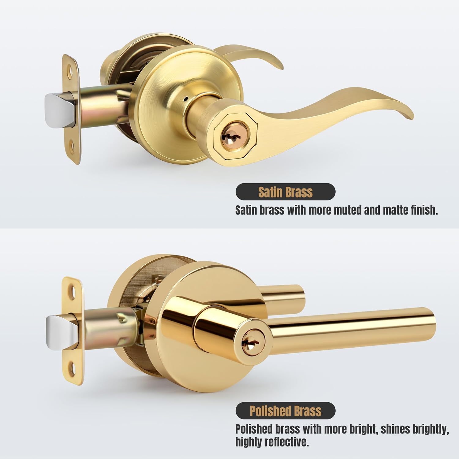 5 Pack Brushed Gold Door Handles Interior Wave Style（Keyed Alike）， Keyed Entry Gold Door Handles with Same Key and Lock, Reversible Door Lever for Bedroom、Bathroom、Closet, Satin Brass