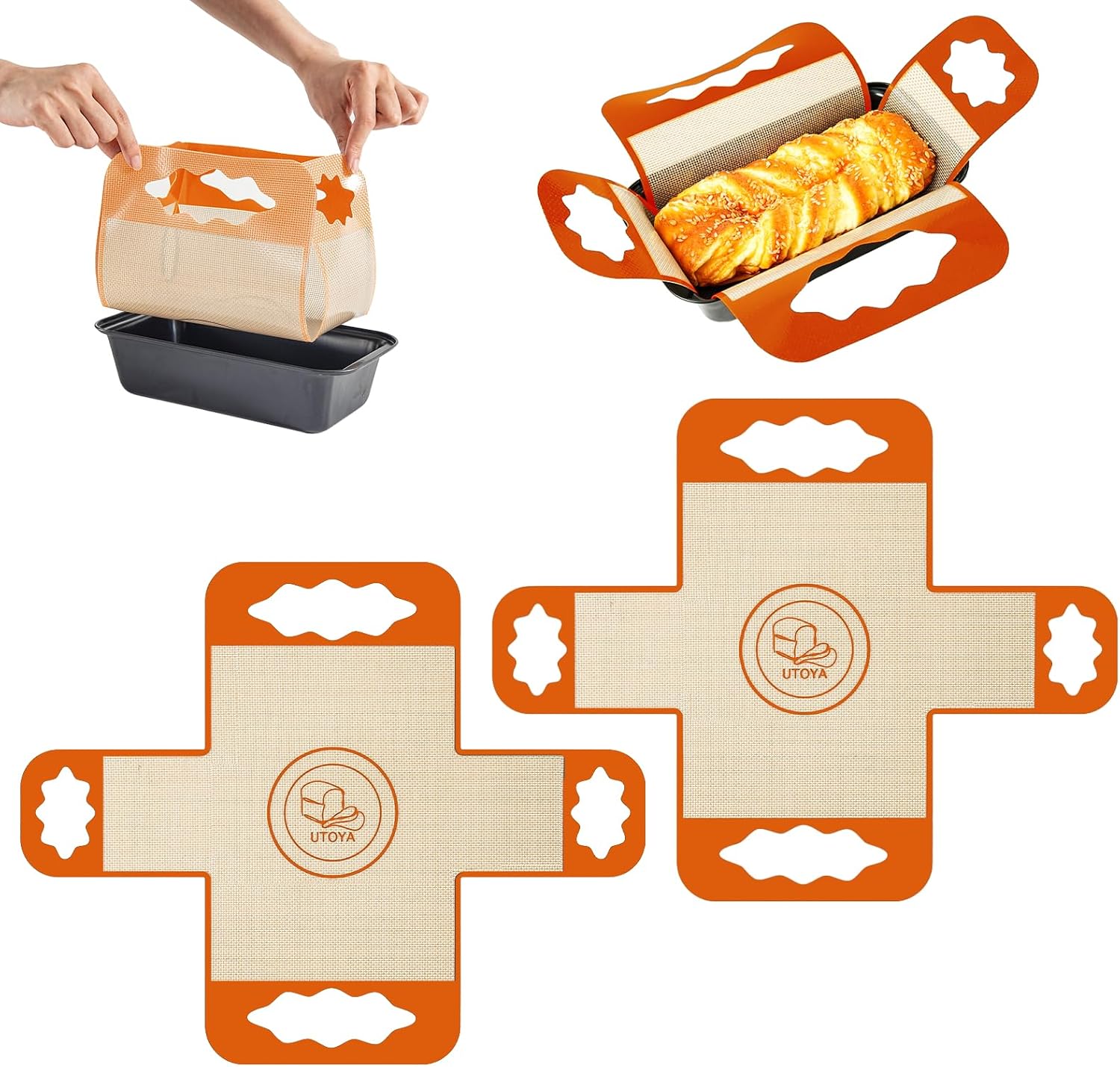 2 Pcs Reusable Silicone Bread Loaf Pan Liner, Food Grade BPA Free Bread Baking Mat, Non-Stick and Heat Resistant Dough Transfer Tool, Sourdough Sling with 4 Handles, Fits 9x5" or 1.5Lb Loaf Pans